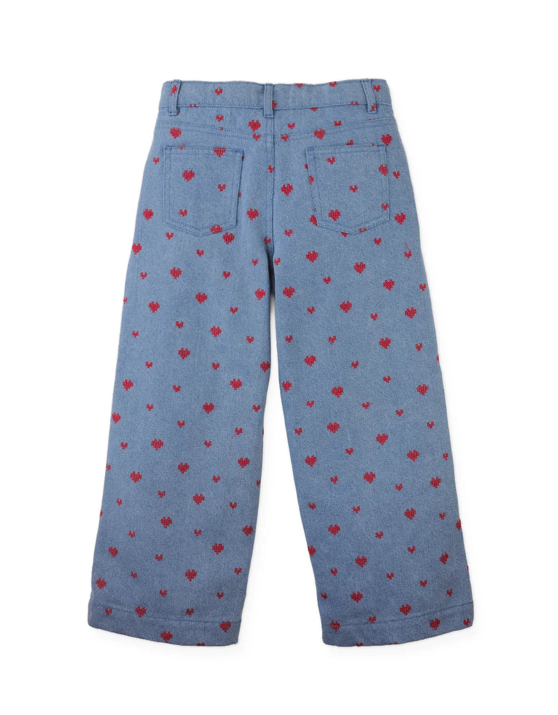 Odette Wide-Leg Denim Pants with Heart Cross- Stitch