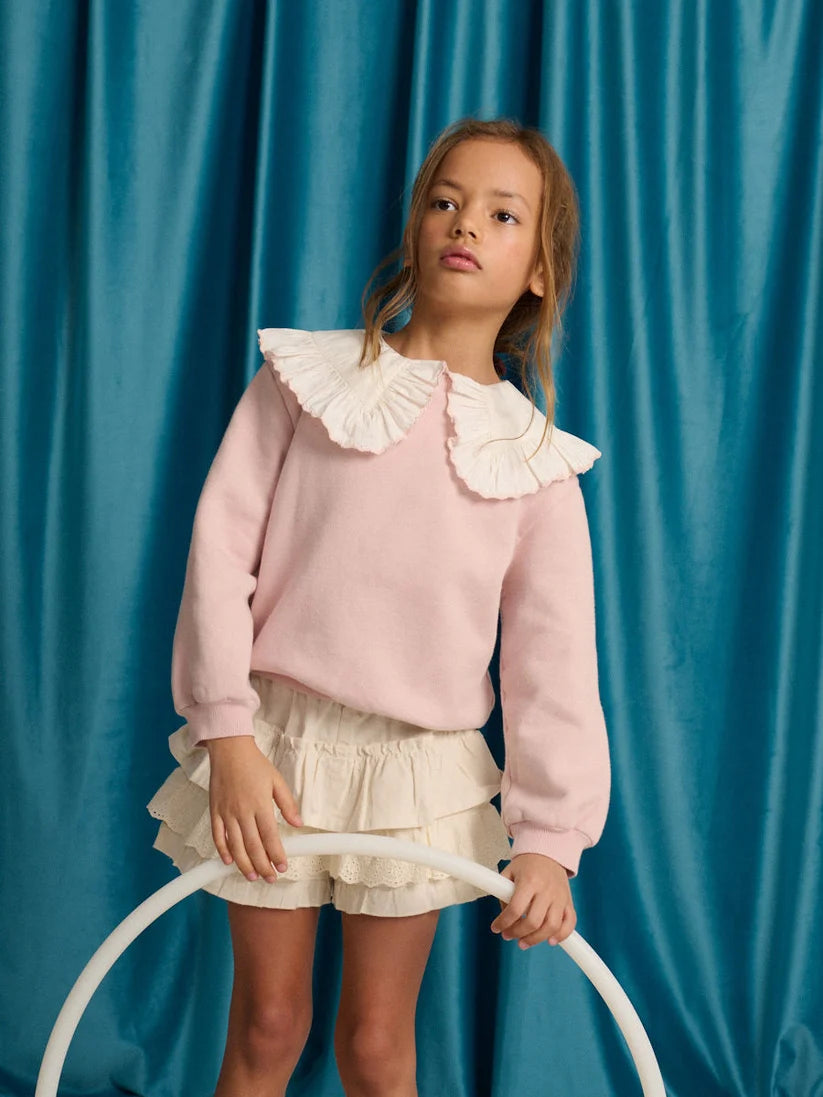 Benedicta Sweater Top with Woven Ruffled Collar