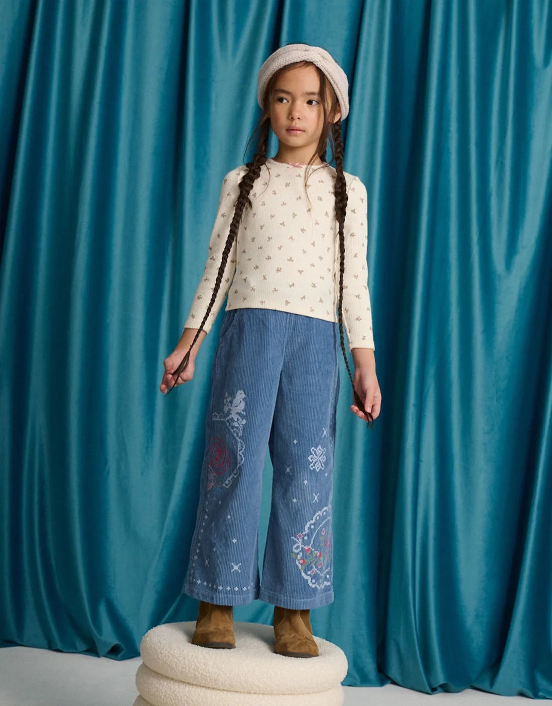 Gladys Wide-Leg Corduroy Pants with Rose Cross- Stitch