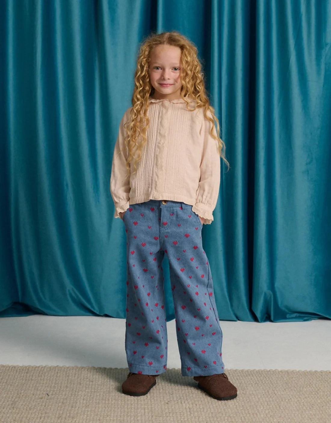 Odette Wide-Leg Denim Pants with  Heart Cross- Stitch