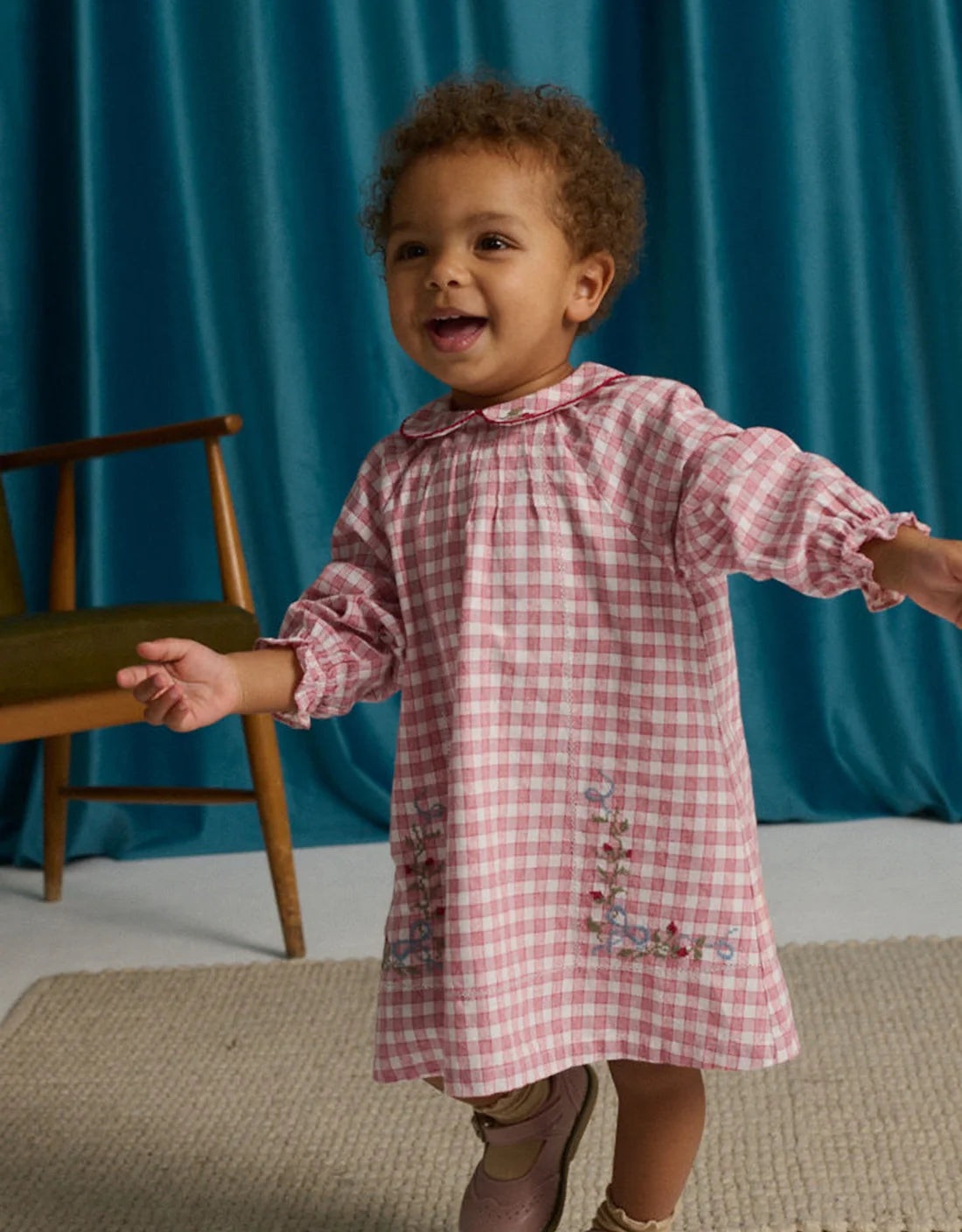 Baby Winnie Checkered Dress with Cross-Stitch Embroidery