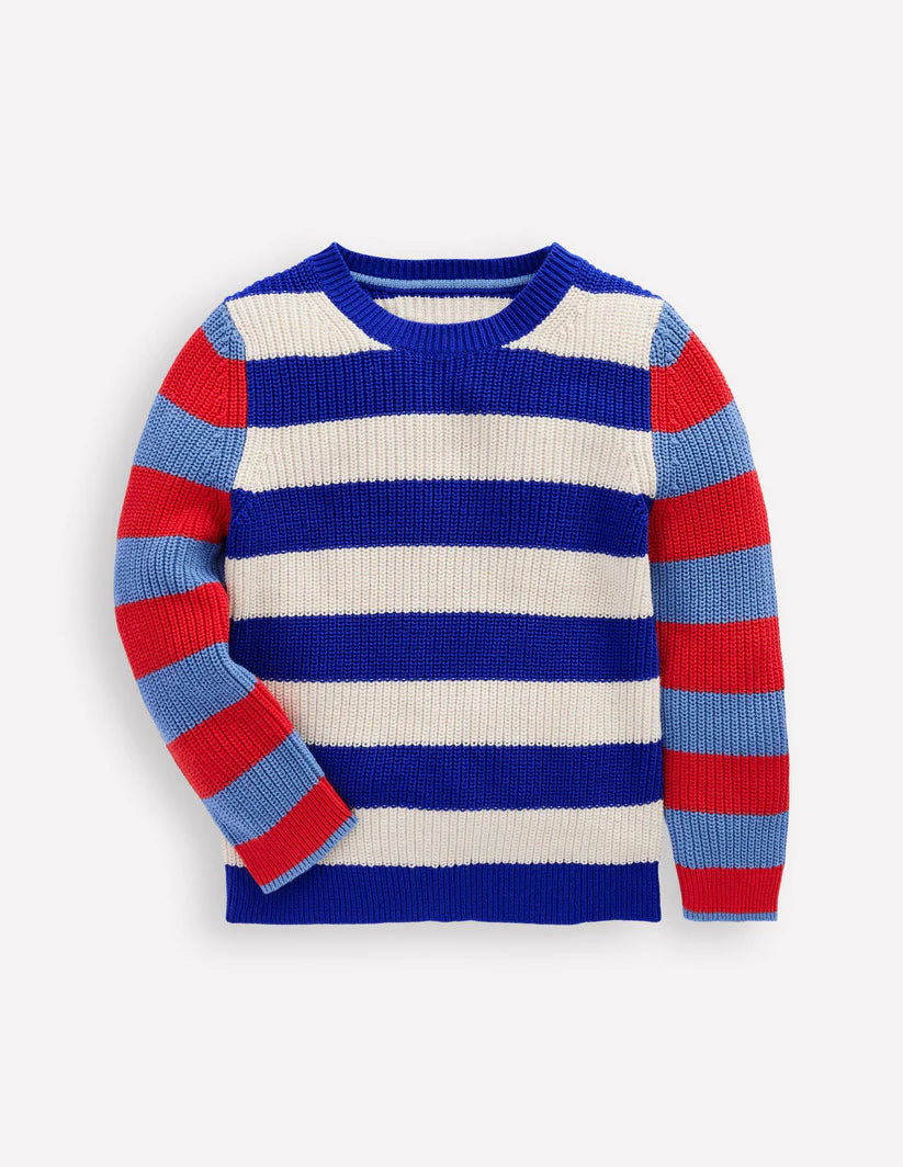 Everyday Cotton Jumper-Bright Blue/Ecru Marl Stripe