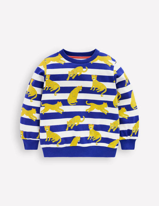 Printed Sweatshirt-Bright Blue Leopard Stripe