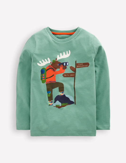 Long Sleeve Printed T-shirt-Oil Blue Moose Explorer