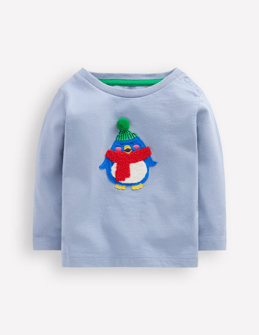Long Sleeve Appliqué T-Shirt-Light Blue Penguin