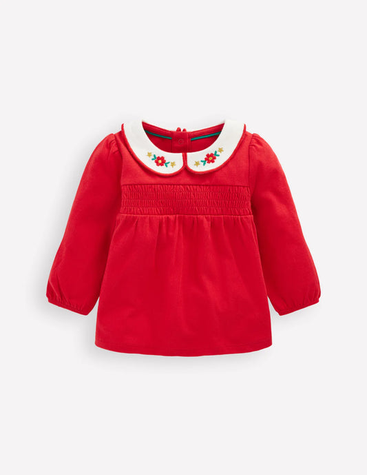 Embroidered Collar Jersey Top-Rockabilly Red