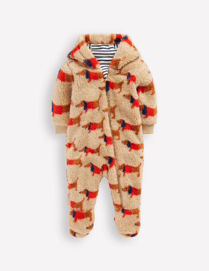 Printed Fleece Pramsuit-Red Sausage Dogs