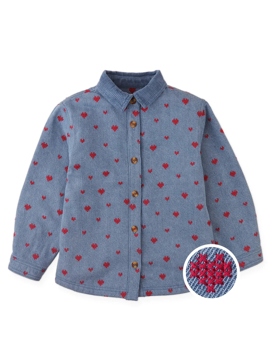 Josefina Denim Shirt with Heart Embroidery and Corduroy Collar