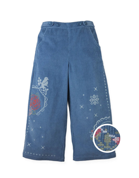 Gladys Wide-Leg Corduroy Pants with Rose Cross- Stitch