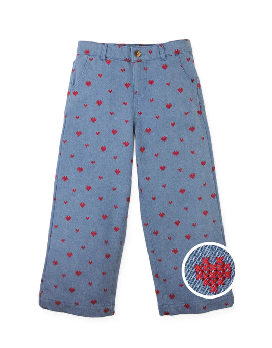 Odette Wide-Leg Denim Pants with  Heart Cross- Stitch