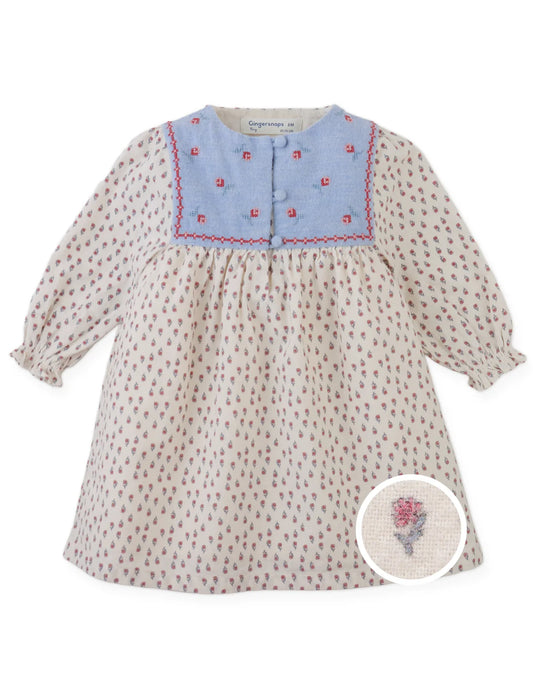 Baby Myrtle Floral Printed Dress with Cross-Stitch Embroidery