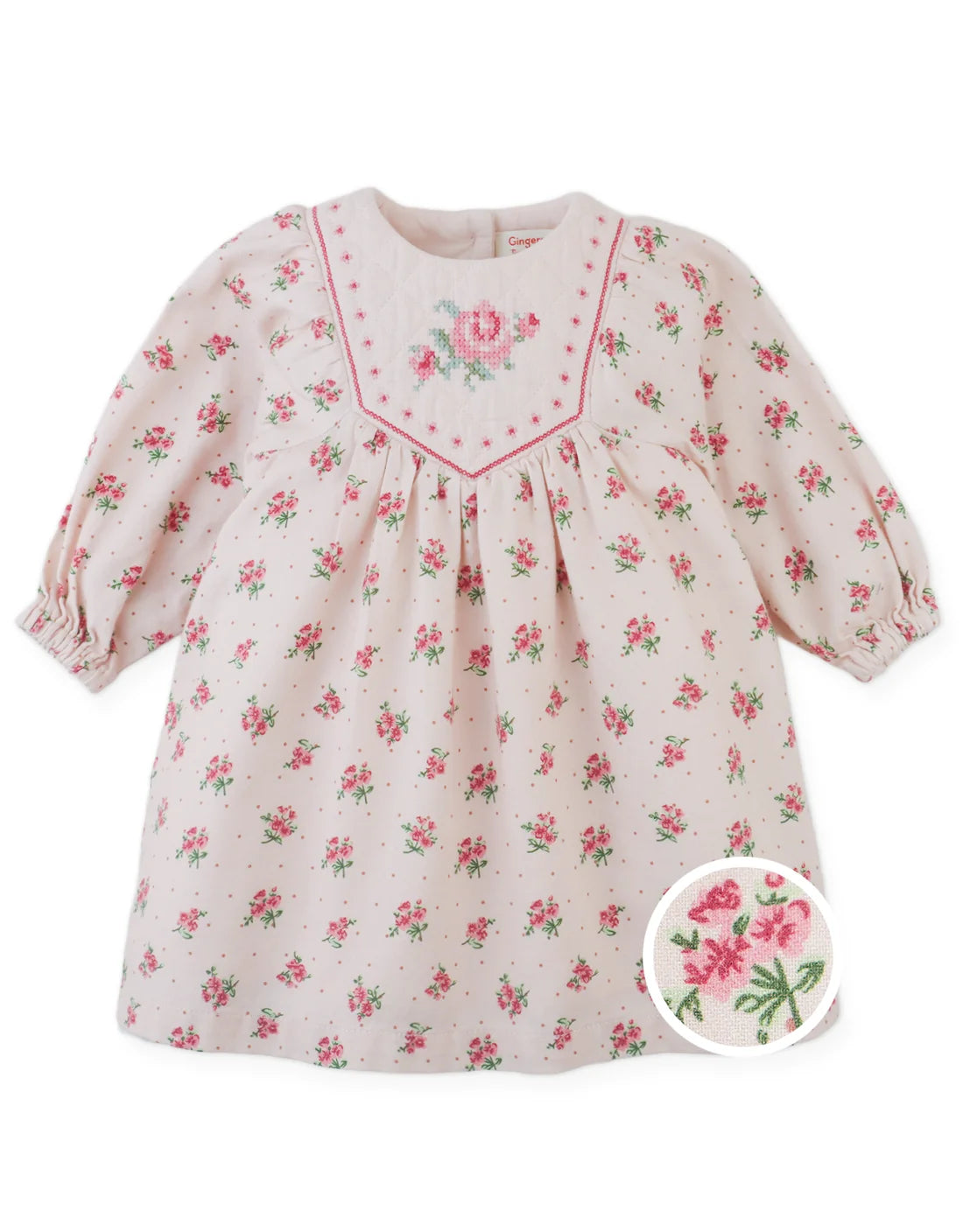 Baby Olivia Floral Printed Dress with Cross-Stitch Embroidery