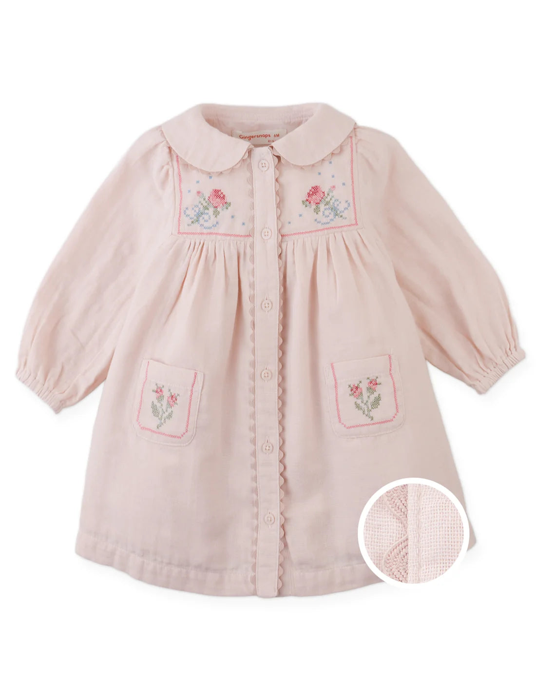 Baby Lottie Button-Down Dress with Cross-Stitch Embroidery