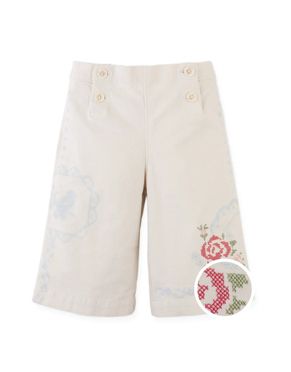 Baby Ferne Sailor-Cut Pants with Cross-Stitch Embroidery