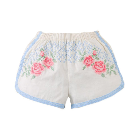 Nelly Cross-Stitch Shorts with Lace Trims