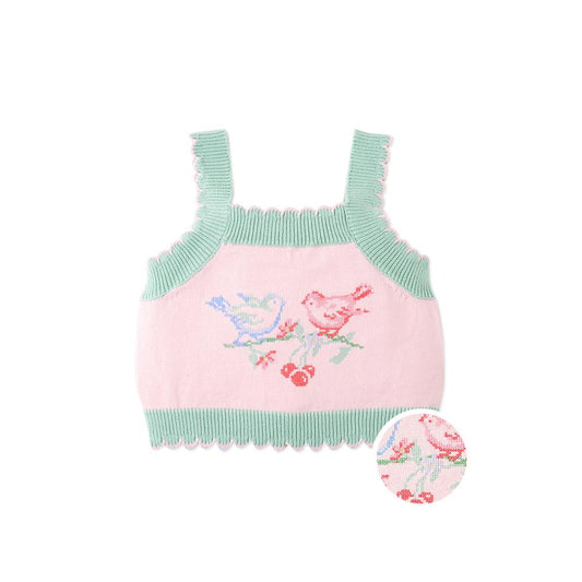 Baby Rosé Combed Cotton Knit Top with Cross-Stitch Embroidery