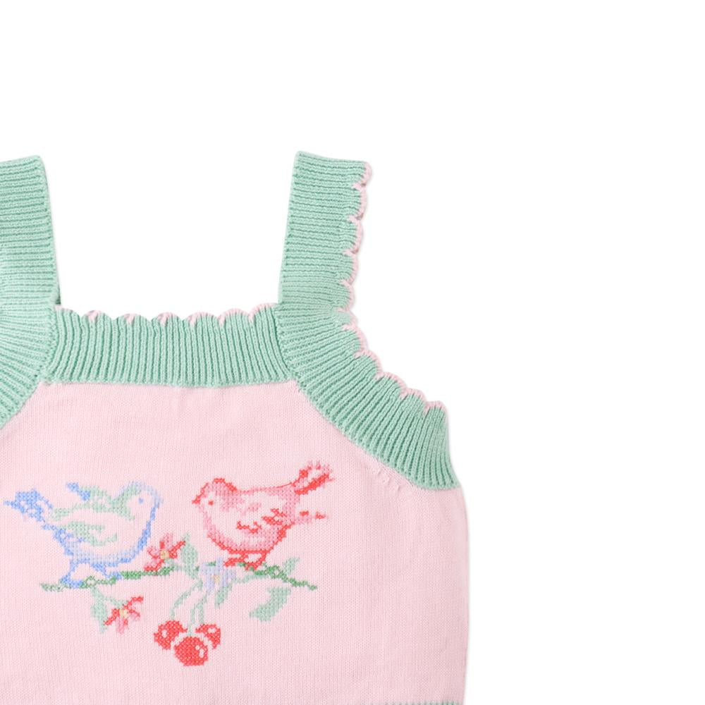 Baby Rosé Combed Cotton Knit Top with Cross-Stitch Embroidery