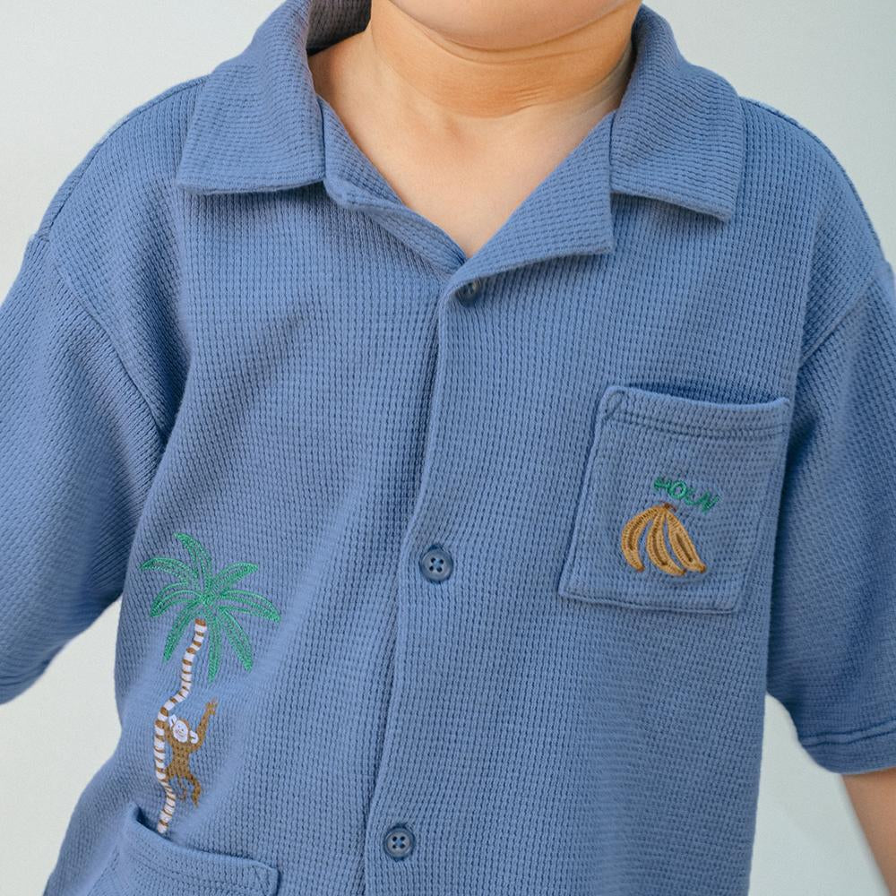 Tommy Waffle Knits Button Down Shirt With Monkey Embroidery