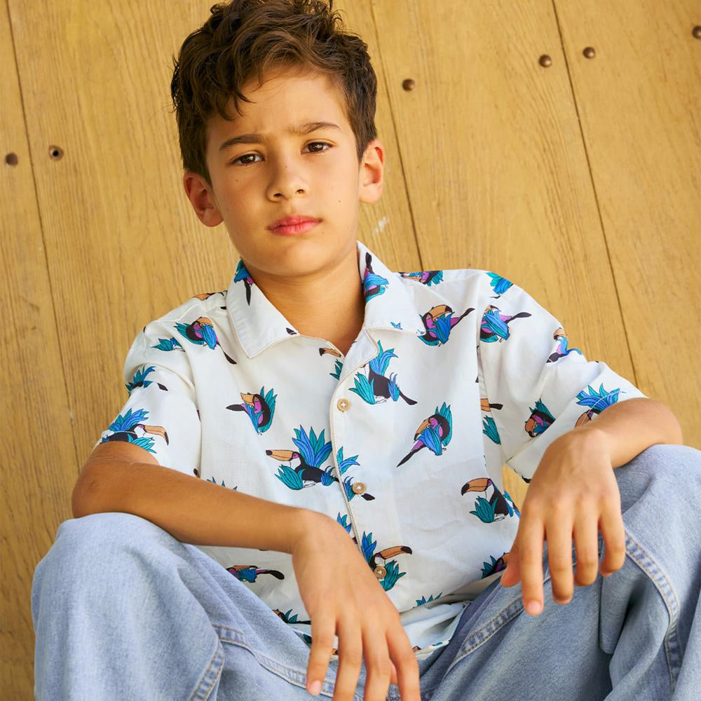 Swiper Linen Like Cotton Panaman Shirt With Contrast Piping & Toucan Print