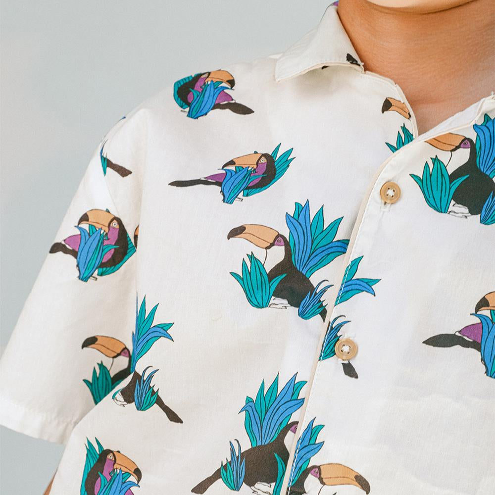 Swiper Linen Like Cotton Panaman Shirt With Contrast Piping & Toucan Print