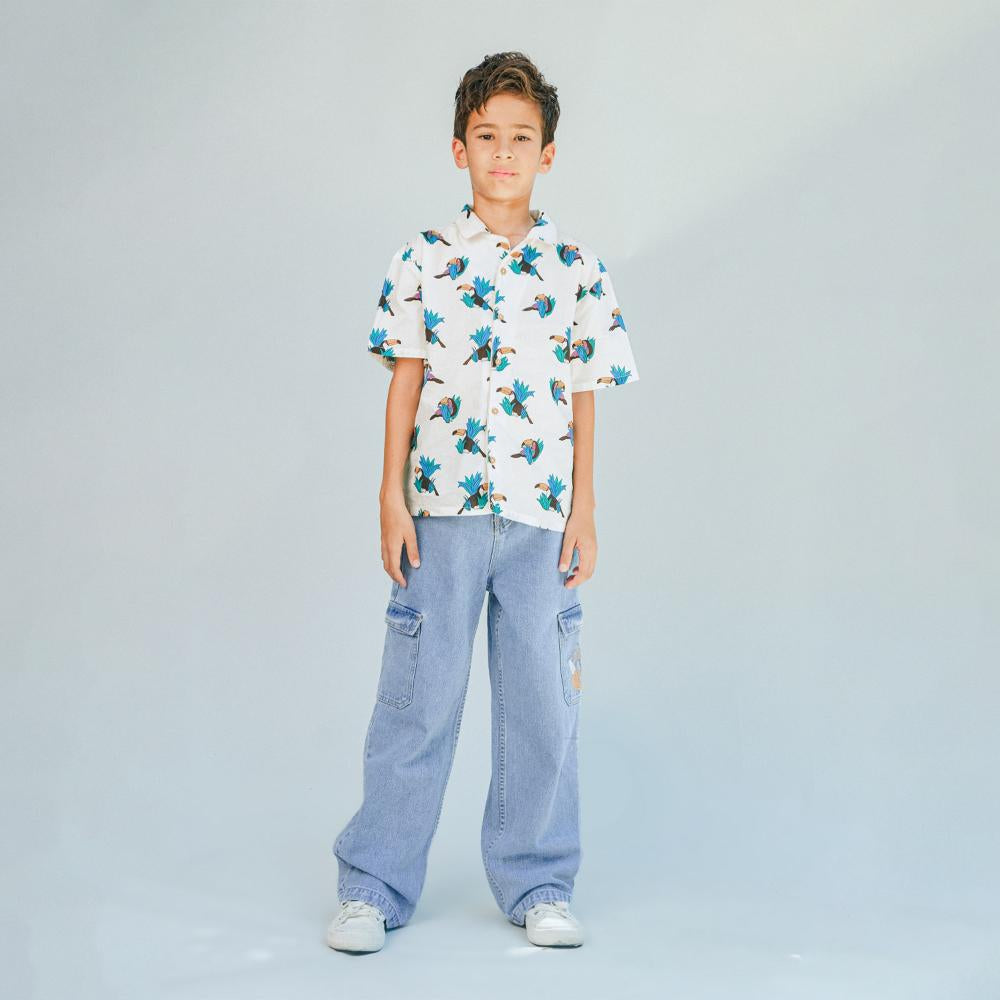 Swiper Linen Like Cotton Panaman Shirt With Contrast Piping & Toucan Print