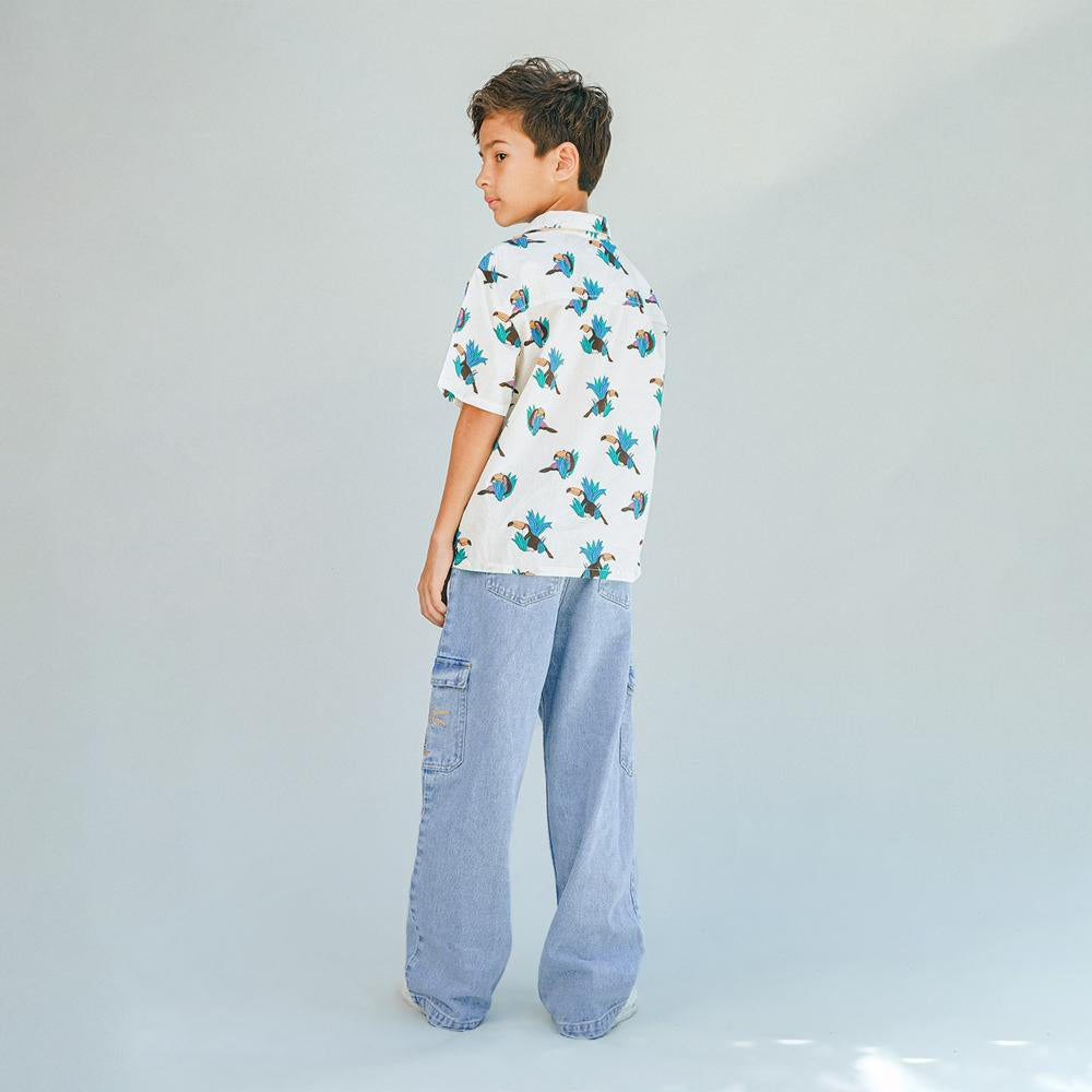 Swiper Linen Like Cotton Panaman Shirt With Contrast Piping & Toucan Print