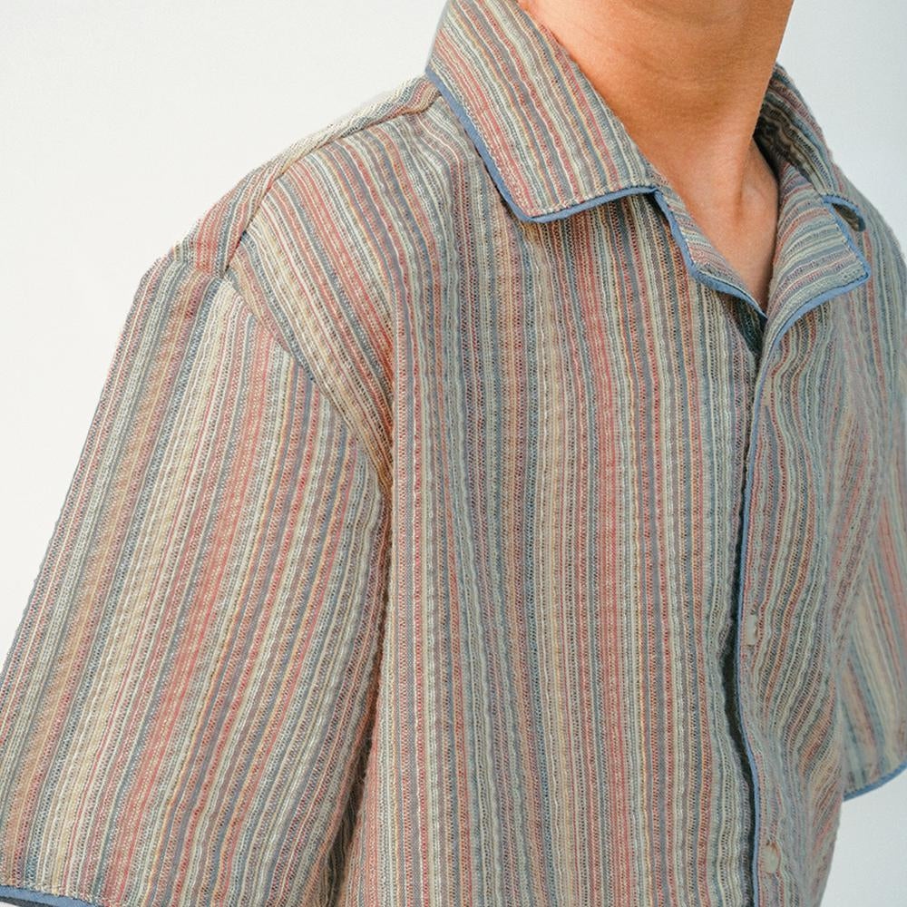Billy Cotton Linen Shirt With Chambray Piping And Microstripes