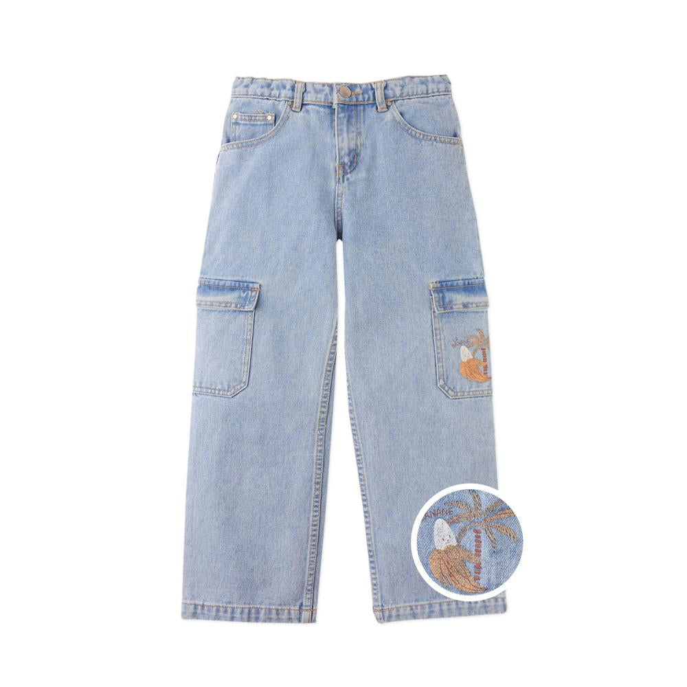 Prim Denim Loose Cargo Pants With Banana Print