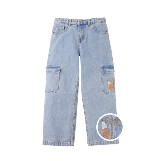 Prim Denim Loose Cargo Pants With Banana Print