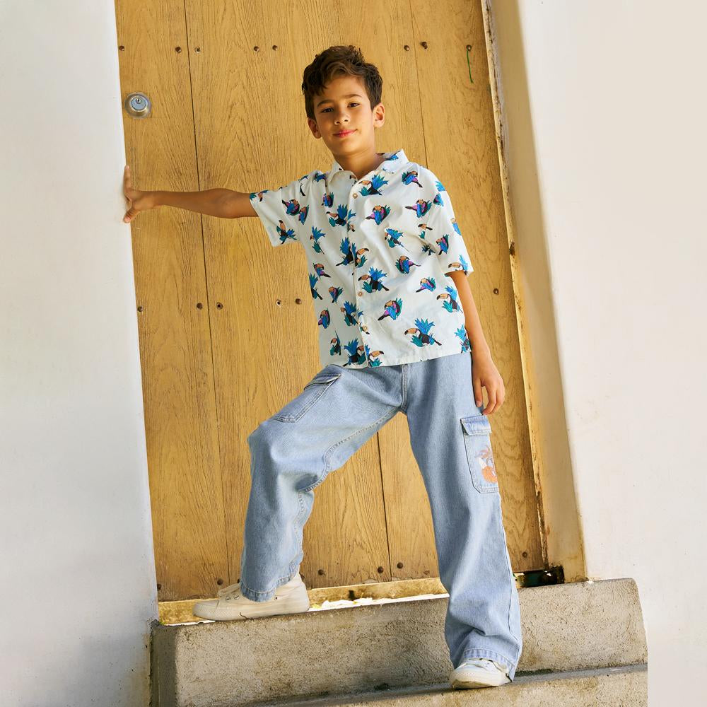 Prim Denim Loose Cargo Pants With Banana Print