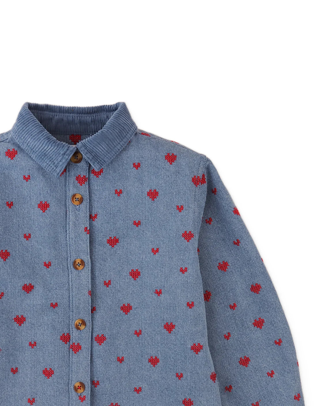 Josefina Denim Shirt with Heart Embroidery and Corduroy Collar