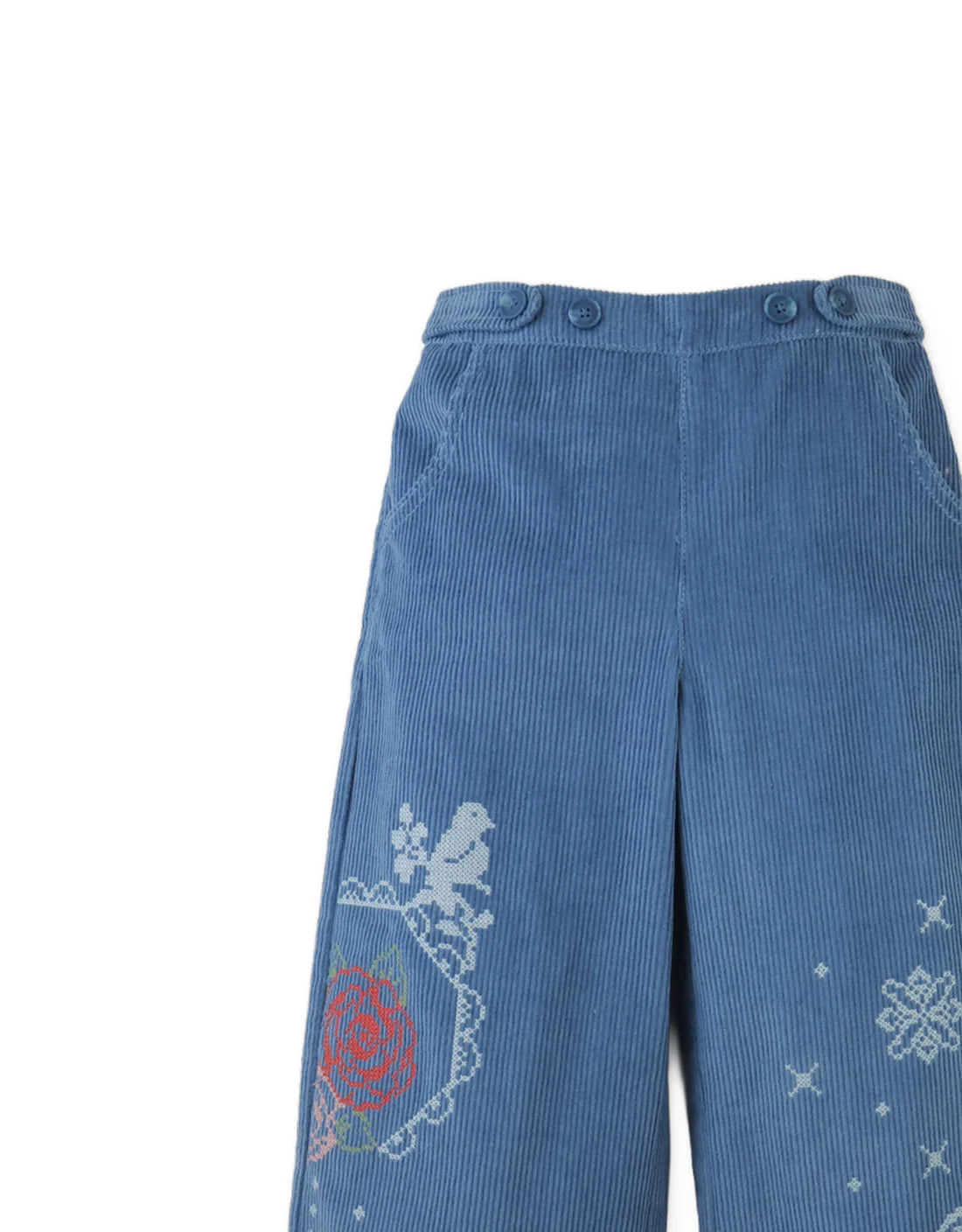 Gladys Wide-Leg Corduroy Pants with Rose Cross- Stitch