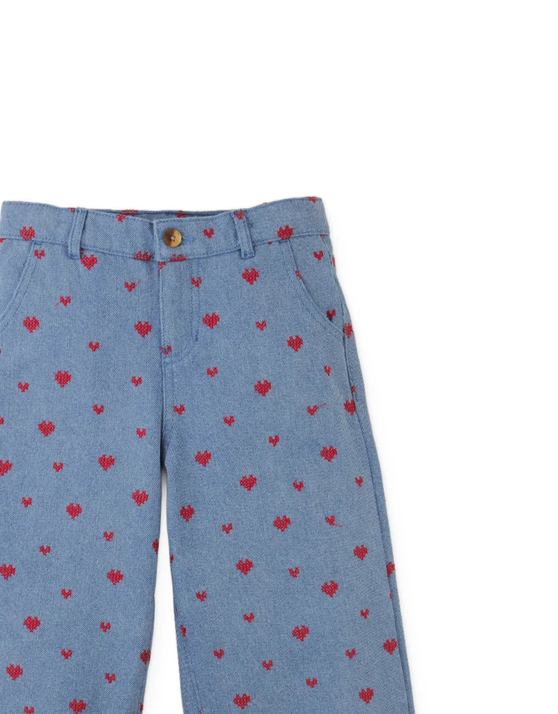 Odette Wide-Leg Denim Pants with  Heart Cross- Stitch